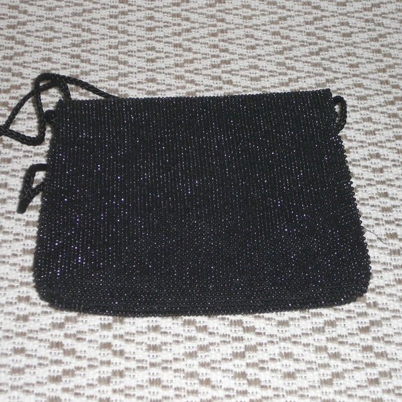 Vintage Black Beaded Evening Bag Gold Bow Holiday - Picture 7 of 9